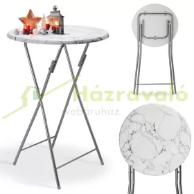   Rendezvény asztal két drarabos szett fehér MDF anyagból 110 cm magas 60 cm átmérőjű márvány mintás például esküvő, álló fogadás kerti parti