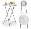Event table made of white MDF material, 110 cm high, 60 cm diameter, with a marble pattern, for example weddings, standing receptions, garden parties