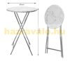 Event table made of white MDF material, 110 cm high, 60 cm diameter, with a marble pattern, for example weddings, standing receptions, garden parties
