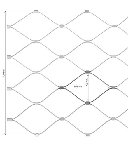 Rozsdamentes acél drótháló 60x104 mm-es szemmérettel – vízszintes tájolás, 1,5 mm huzalvastagság, 800 mm szélesség