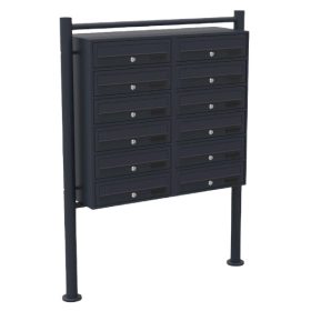   SZÁLLÍTÁS SÉRÜLT! Társasházi postaláda fekete 12 darabos kültéri állványos csoportos postafiók horganyzott acél levélszekrényrendszer