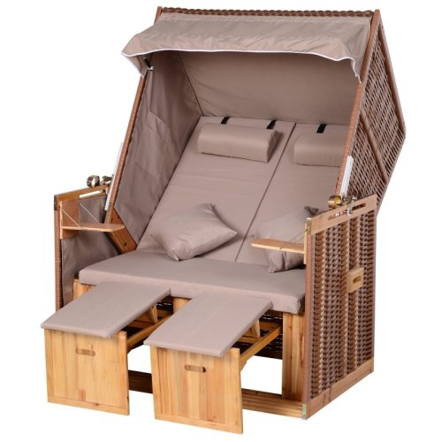 SZÁLLÍTÁS SÉRÜLT! Kétszemélyes strandszék rattan heverő dönthető háttámlával barna 118x79x160 cm kerti kuckó strandfotel