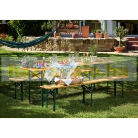   Sörpad sörasztal garnitúra extra méretű 220 cm - Sörasztal és 2 db sörpad készlet, Szett összecsukható fém lábakkal