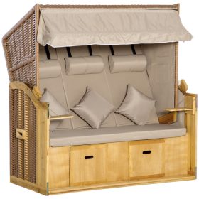   Polirattan strandszék 3 személyes heverő dönthető háttámlával bézs 150x79x160 cm kerti kuckó strandfotel