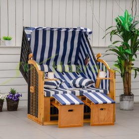   Kétszemélyes strandszék rattan heverő dönthető háttámlával kék-fehér 118x79x160 cm kerti kuckó csíkos strandfotel