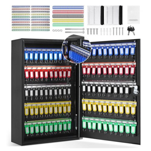 Kulcsszekrény 200 kulcsos zárható kulcstartó szekrény fekete, falra szerelhető, állítható akasztókkal