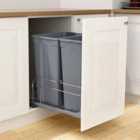   Kihúzható dupla konyhai szemetes 2 × 47,3 liter önbehúzó sínnel és ajtórögzítéssel, szürke