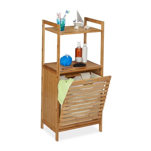 Bamboo laundry basket and bathroom shelf with 2 shelves