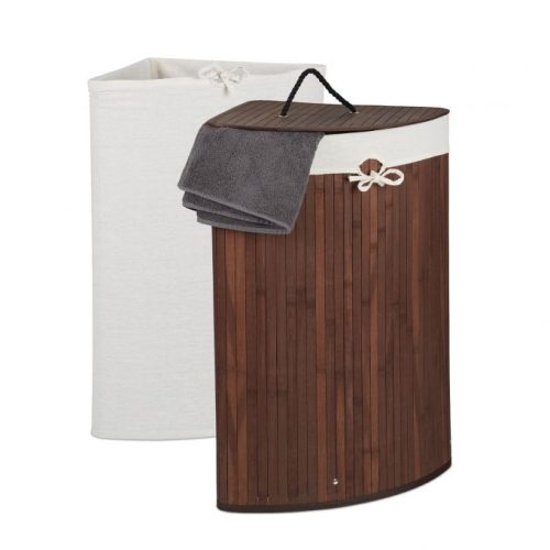 Bamboo folding corner laundry basket 60 liters in brown color