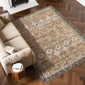   Vintage stílusú nappali szőnyeg 183x274 cm mosható, csúszásmentes rövid szálú felületszőnyeg barna–zöld színben