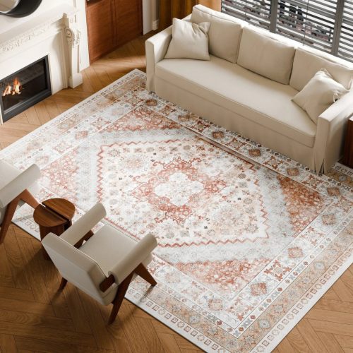 Vintage nappali szőnyeg 274x366 cm mosható, csúszásmentes rövid szálú felületszőnyeg barna–vörös árnyalatban