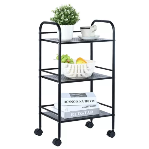 3 szintes acél gurulós tárolókocsi fekete 90 kg teherbírású 400x285x748 mm konyhai tálalókocsi 