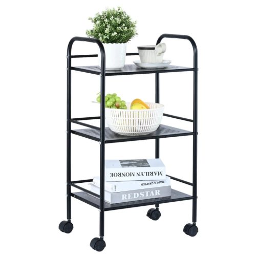 3 szintes acél gurulós tárolókocsi fekete 90 kg teherbírású 400x285x748 mm konyhai tálalókocsi 