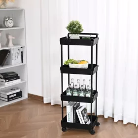   4 szintes gurulós tárolókocsi fekete 60 kg teherbírású konyhai tálalókocsi 