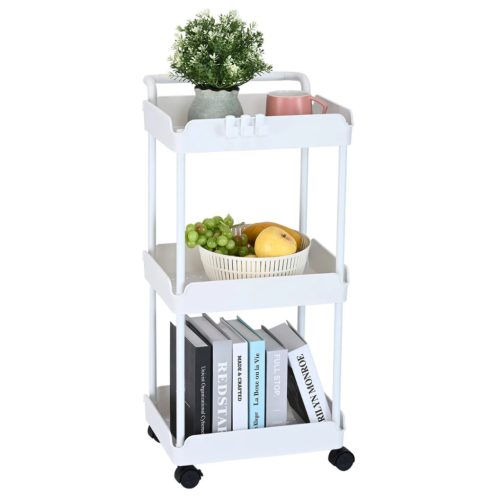 3 szintes gurulós tárolókocsi fehér 45 kg teherbírású konyhai tálalókocsi