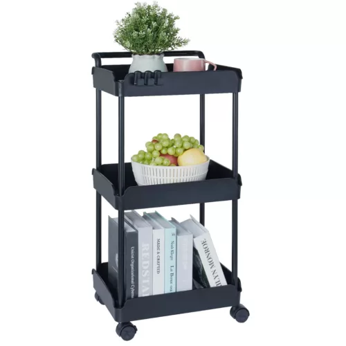 3 szintes gurulós tárolókocsi fekete, 45 kg teherbírással konyhai kocsi 370x355x761 mm tálalókocsi