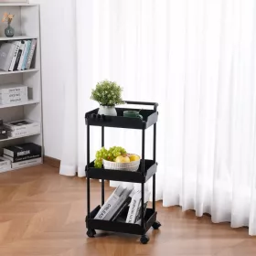   3 szintes gurulós tárolókocsi fekete, 45 kg teherbírással konyhai kocsi 370x355x761 mm tálalókocsi