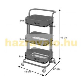   Tálalókocsi, konyhai kocsi, bárkocsi fogantyúval fekete, fehér, kék 86x44x37 cm porszórt acél 