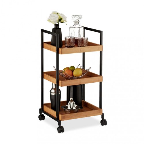 Bamboo serving cart with 3 shelves, elegant party cart 69x37x34 cm cm in bamboo-black color