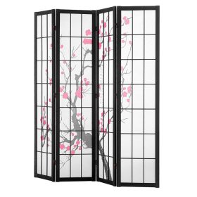   Térelválasztó 4 paneles japán stílusú paraván fekete fa keret, cseresznyevirág mintás, összecsukható