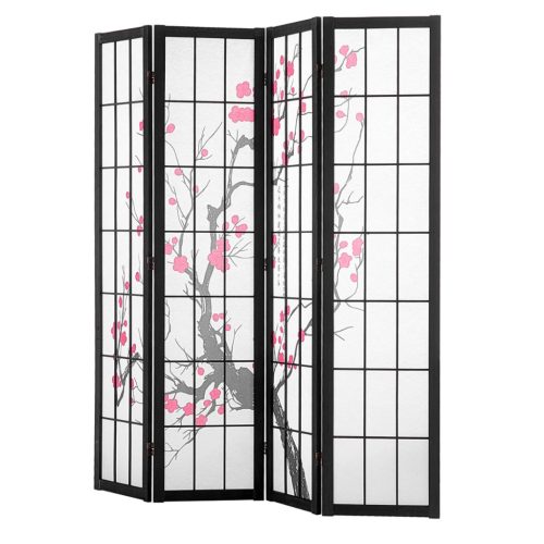Térelválasztó 4 paneles japán stílusú paraván fekete fa keret, cseresznyevirág mintás, összecsukható