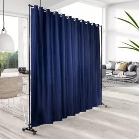   Térelválasztó gurulós függönyös paraván 300,5x257,5 cm alumíniumváz, sötétítő tengerészkék 