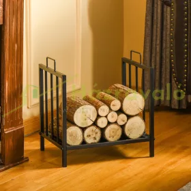   Tűzifa tároló két fogantyúval 50 kg-ig tűzifa állvány fém 39x32,5x46 cm beltéri és kültéri, fekete