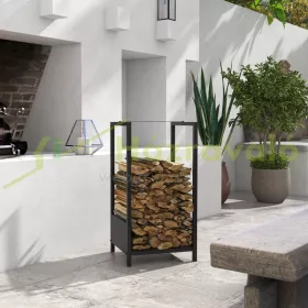   Tűzifa tároló 50 kg-ig tűzifa állvány porszórt acél 39x35x76 cm beltéri és kültéri, fekete