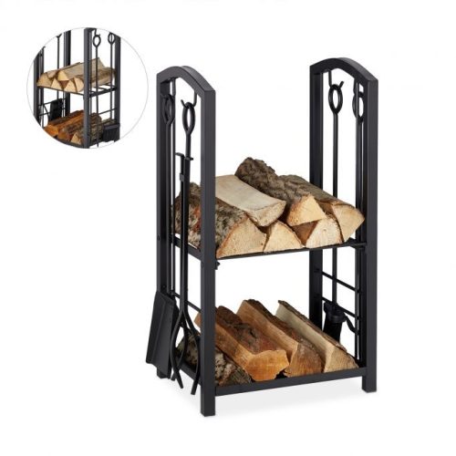 Firewood storage with 2 shelves and 4-piece fireplace accessories 