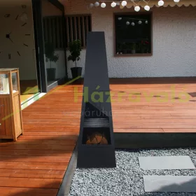   Kerti tűzrakó 149x44x44 cm fekete acél kandalló piramis grill kültéri kályha tüzelő teraszra verandára