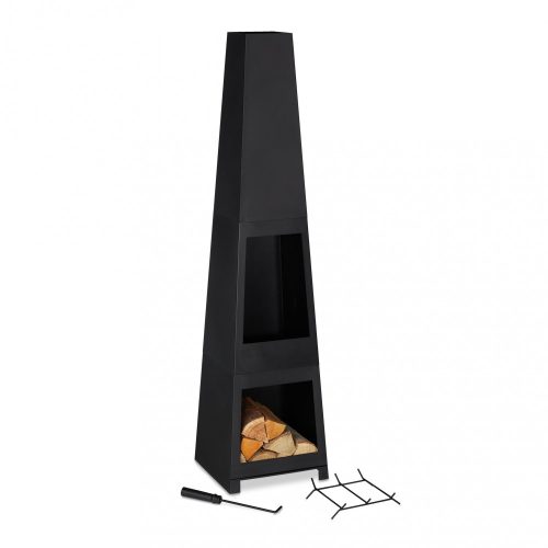 Garden fire pit 150x36x36 cm steel fireplace pyramidal outdoor stove burning for terrace with firewood storage