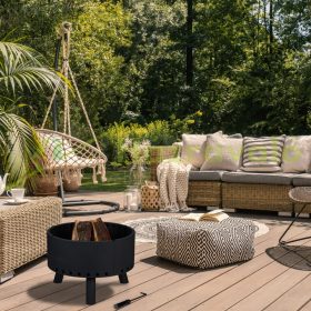   Mobil tűzrakó 58,5 cm átmérőjű fekete rusztikus acél kerti tűzrakóhely kültéri tüzelő teraszra verandára