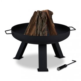   Mobil tűzrakó 60 cm átmérőjű fekete kerek acél kerti tűzrakóhely 3 lábú kültéri tüzelő teraszra verandára