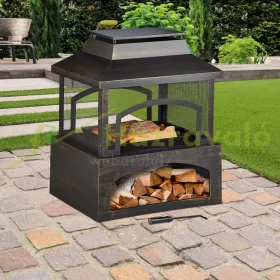   Kerti tűzrakó 98x82x45 cm acél kandalló tűzifa tárolóval kültéri kályha tüzelő teraszra 