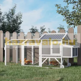 Tyúkól 247x90x114 cm baromfiház kerekekkel és fogantyúval télálló fenyőfa PVC szürke-fehér madárház,