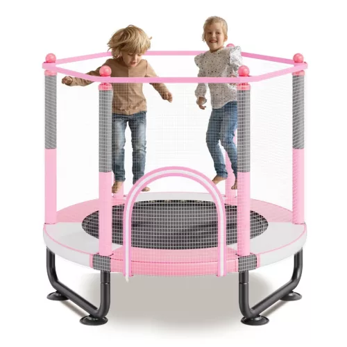 Gyerek trambulin biztonsági hálóval és kosárlabda palánkkal 155 cm mini kerti trambulin rózsaszín