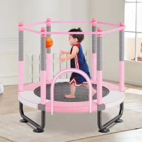   Gyerek trambulin biztonsági hálóval és kosárlabda palánkkal 155 cm mini kerti trambulin rózsaszín