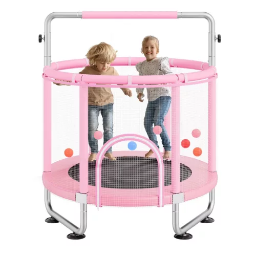 Gyerek trambulin 147 cm mini szabadidős trambulin állítható biztonsági hálóval és kosárpalánkkal rózsaszín