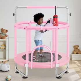   Gyerek trambulin 147 cm mini szabadidős trambulin állítható biztonsági hálóval és kosárpalánkkal rózsaszín