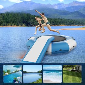   Felfújható vízi trambulin csúszdával és létrával 305 cm ugrófelület fehér-kék vízi ugrálóvár