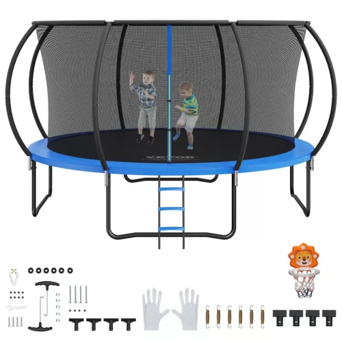 Kerti trambulin biztonsági hálóval családi trambulin 427 cm átmérővel 96 cm létramagasság, 200 kg teherbírással ütéscsillapítóval