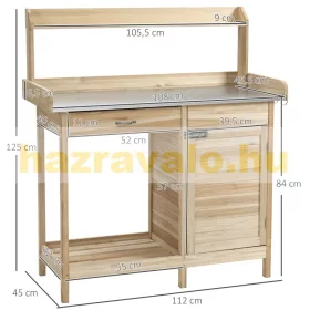 Ültetőasztal horganyzott munkalappal 112x45x125 cm kertészeti asztal fiókos szekrénnyel, tömör fa