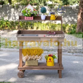   Ültetőasztal 92x45x119 cm gurulós kertészeti asztal tömör fa munkaasztal barna