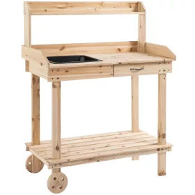   Ültetőasztal 92x45x119 cm gurulós kertészeti asztal tömör fa munkaasztal natúr