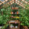 Plant planting table in gray color, metal worktop and 2 shelves