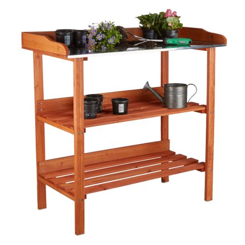 Plant planting table in gray color, metal worktop and 2 shelves