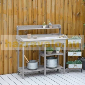 Ültetőasztal 117x45x121 cm kertészeti asztal fiókkal és polcokkal tömör fa munkaasztal