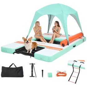   Felfújható úszódokk napellenzővel és kisállat rámpával 305x183 cm lebegő vízi platform