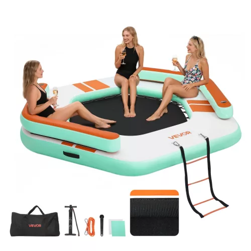 Felfújható Úszódokk, 2,6x2,6 m, Csúszásmentes Felülettel Felülhúzható Platform, Hordtáskával és Levehető Létrával, Úszósziget, Vízi Platform Medencéhez, Strandhoz és Tengerhez, Kék