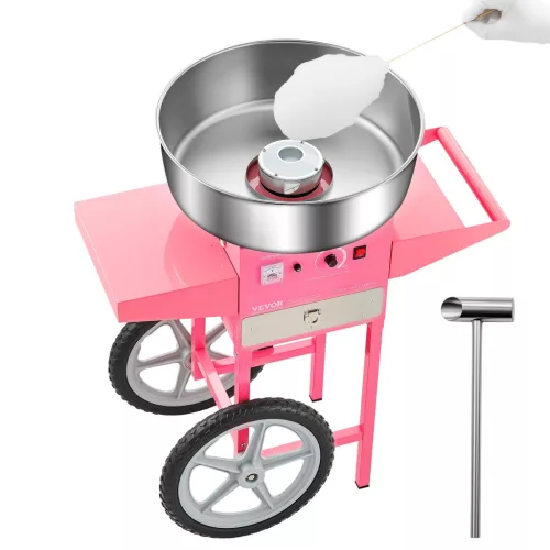 elektromos vattacukor készítő gép, kereskedelmi vattacukor készítő gép kocsival (1000 W) 52 cm-es rozsdamentes acél tállal, cukorkanállal és fiókkal, tökéletes gyermek születésnapokra és családi bulikra, rózsaszín